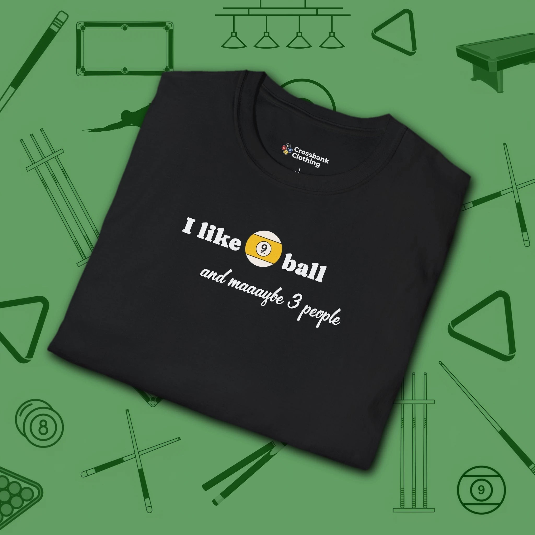 Pool Over People T-Shirt, in Black color, billiards shirt, folded view