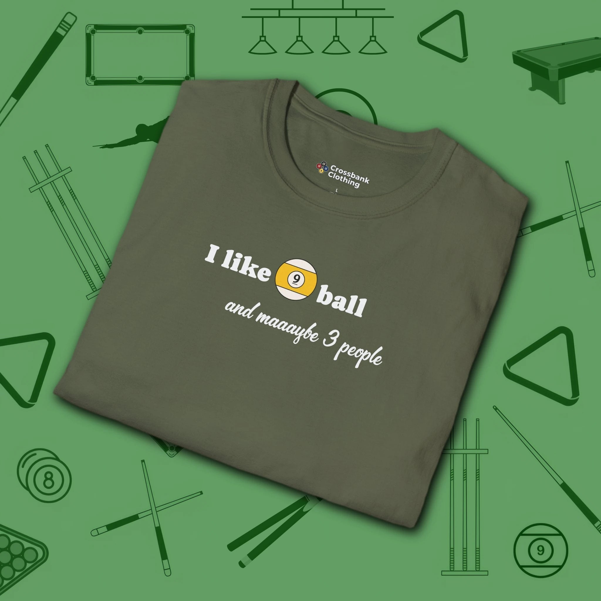 Pool Over People T-Shirt, in Military Green color, billiards shirt, folded view