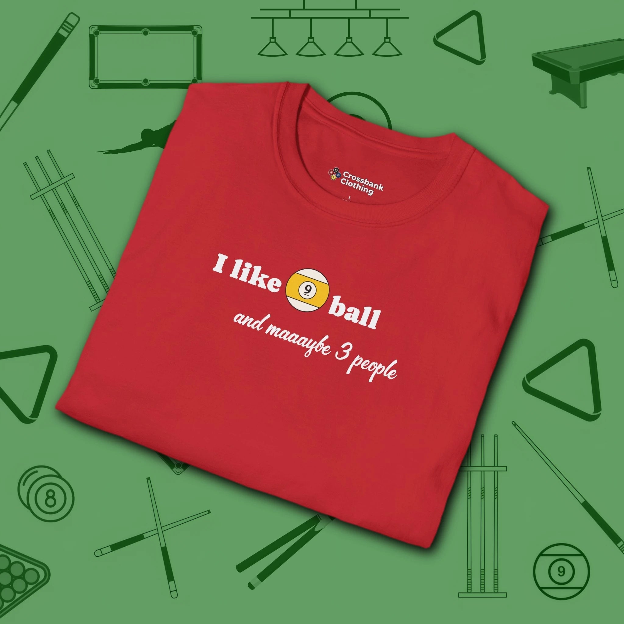 Pool Over People T-Shirt, in Red color, billiards shirt, folded view