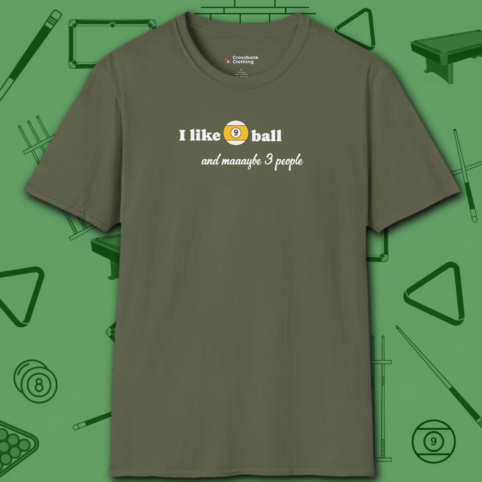 Pool Over People T-Shirt, in Military Green color, billiards shirt, front view