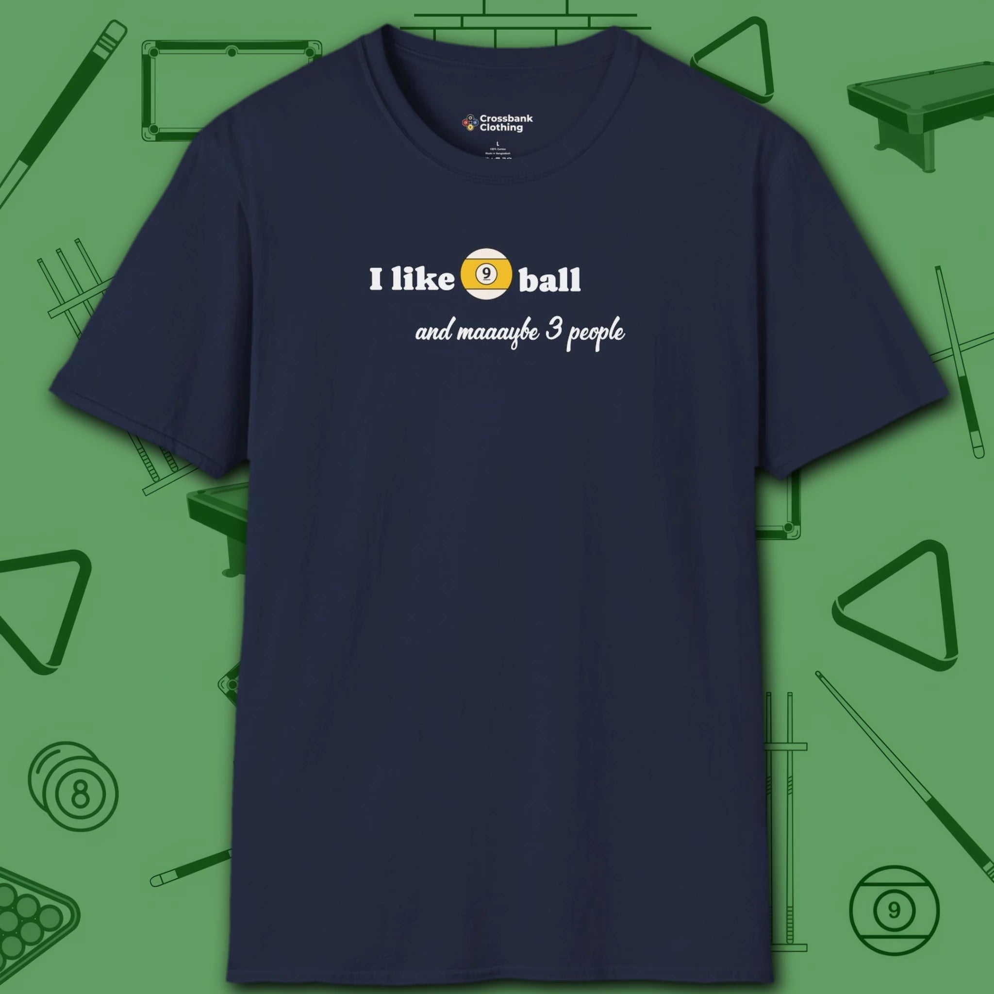 Pool Over People T-Shirt, in Navy color, billiards shirt, front view