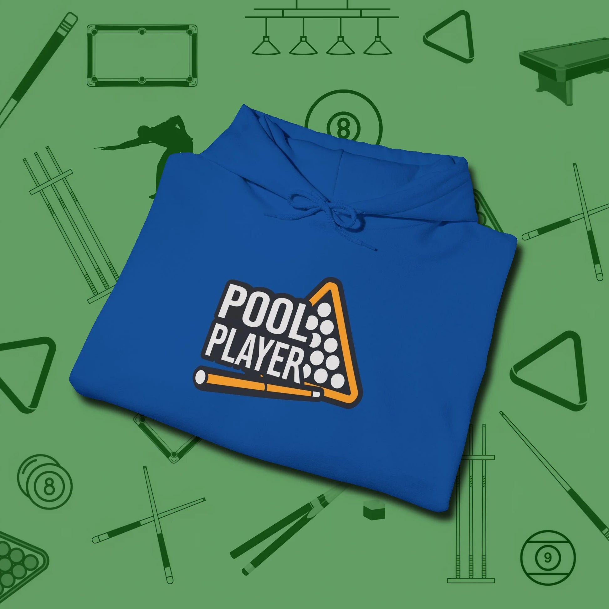 Hoodie, folded view, in Royal stitched for cue discipline and cool confidence