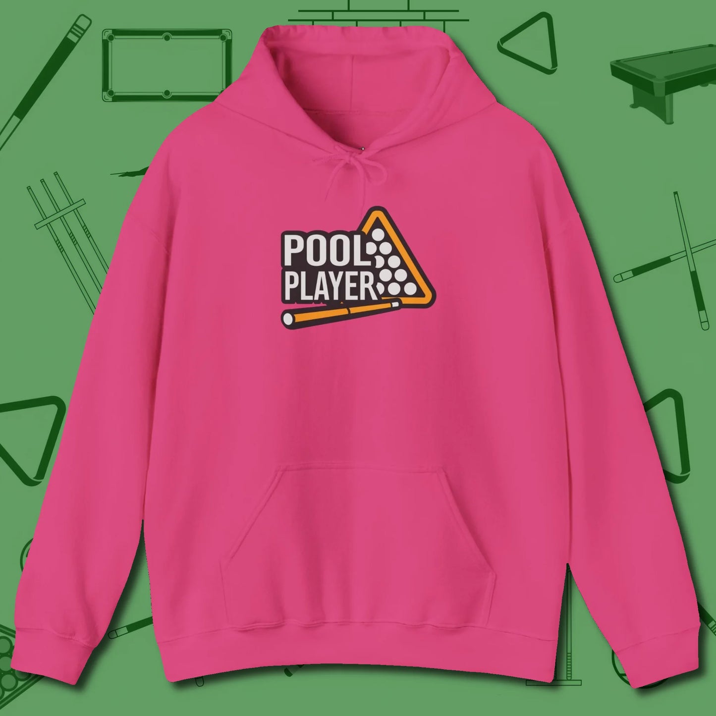 Hoodie, front view, in Heliconia classic cue style, no gimmicks