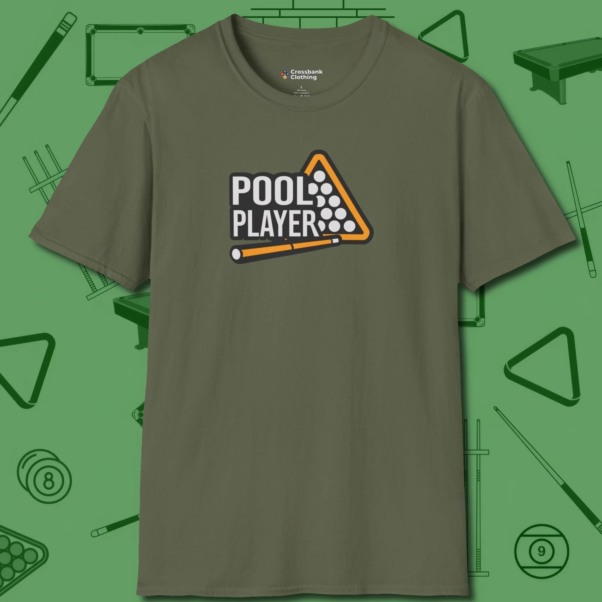 T-Shirt, front view, in Military Green because pool isn’t just a game — it’s who you are