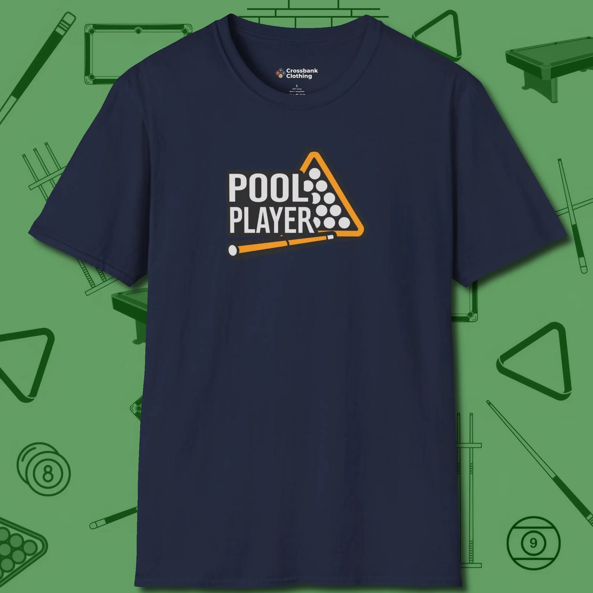 T-Shirt, front view, in Navy made for pool sharks, not posers