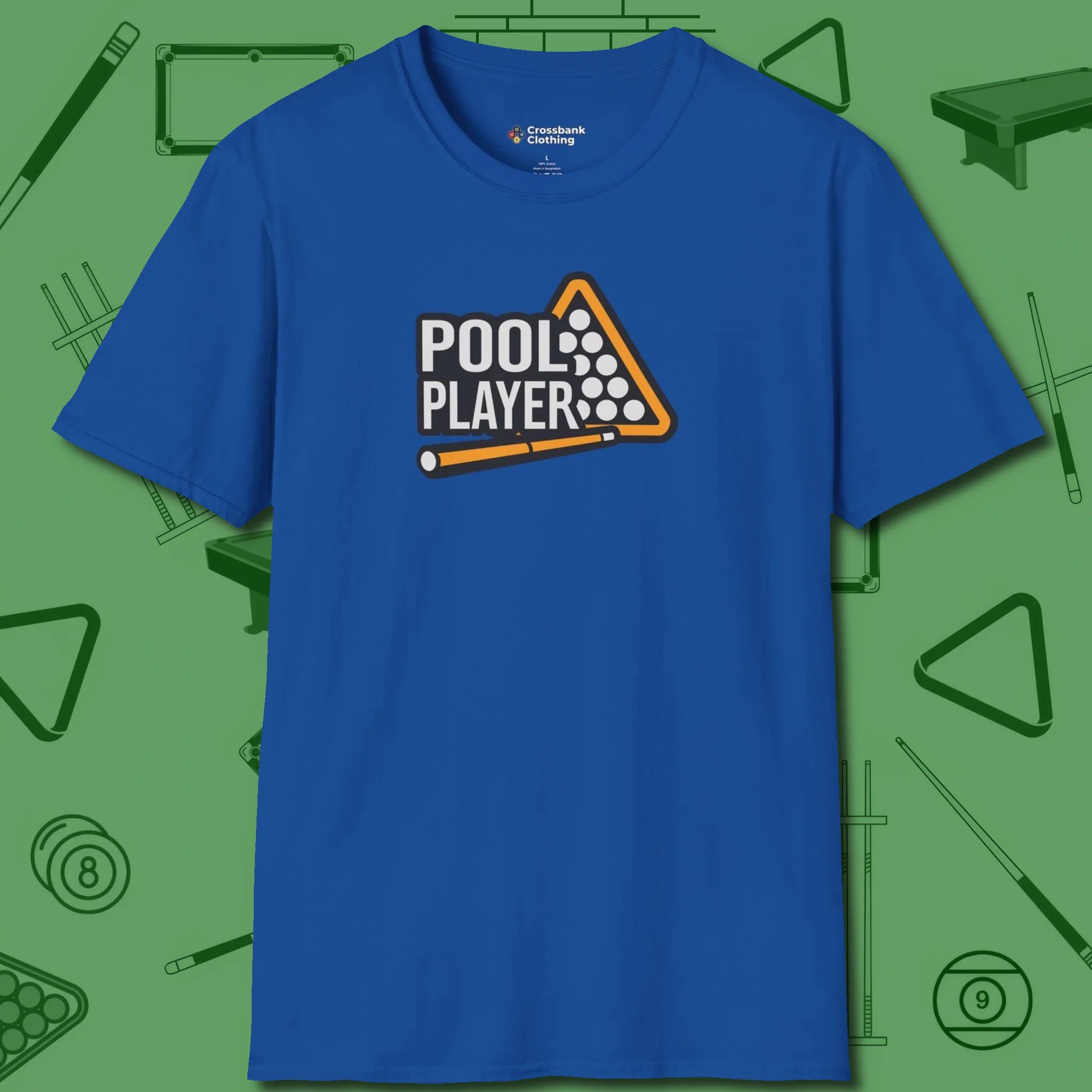 T-Shirt, front view, in Royal where style and cue discipline collide