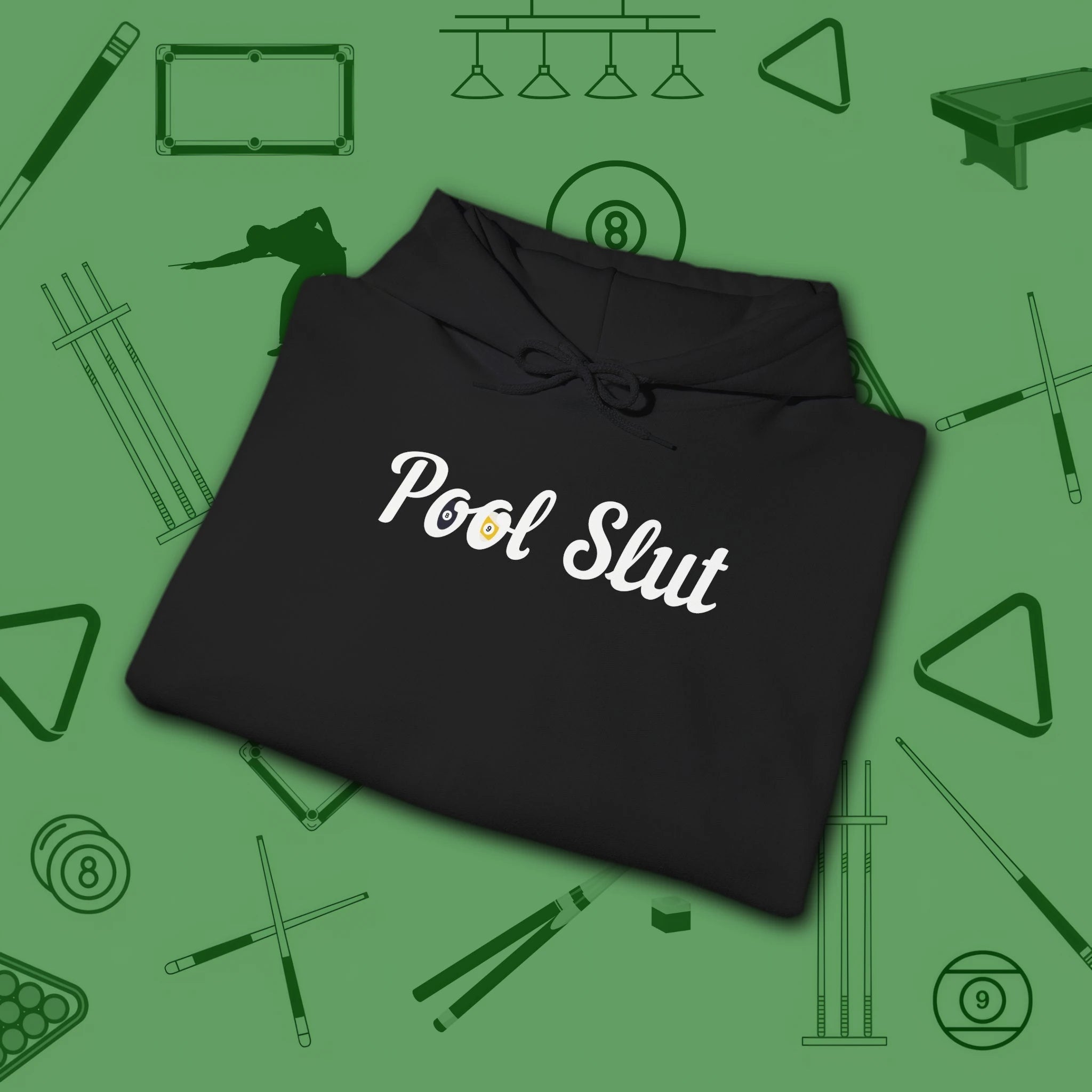 Pool Slut Hoodie, in Black color, billiards hoodie, folded view