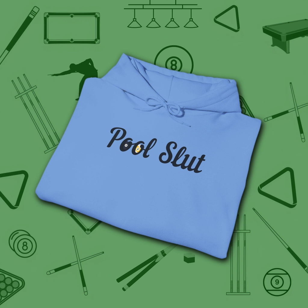 Pool Slut Hoodie, in Carolina Blue color, billiards hoodie, folded view