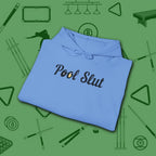Pool Slut Hoodie, in Carolina Blue color, billiards hoodie, folded view