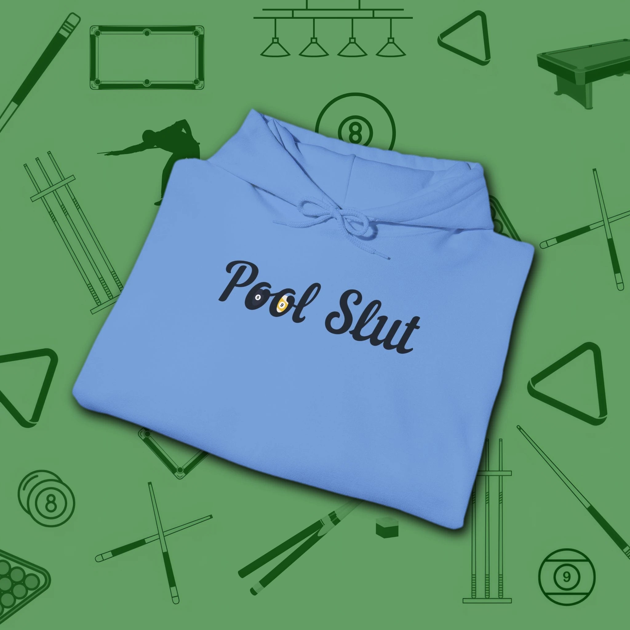 Pool Slut Hoodie, in Carolina Blue color, billiards hoodie, folded view