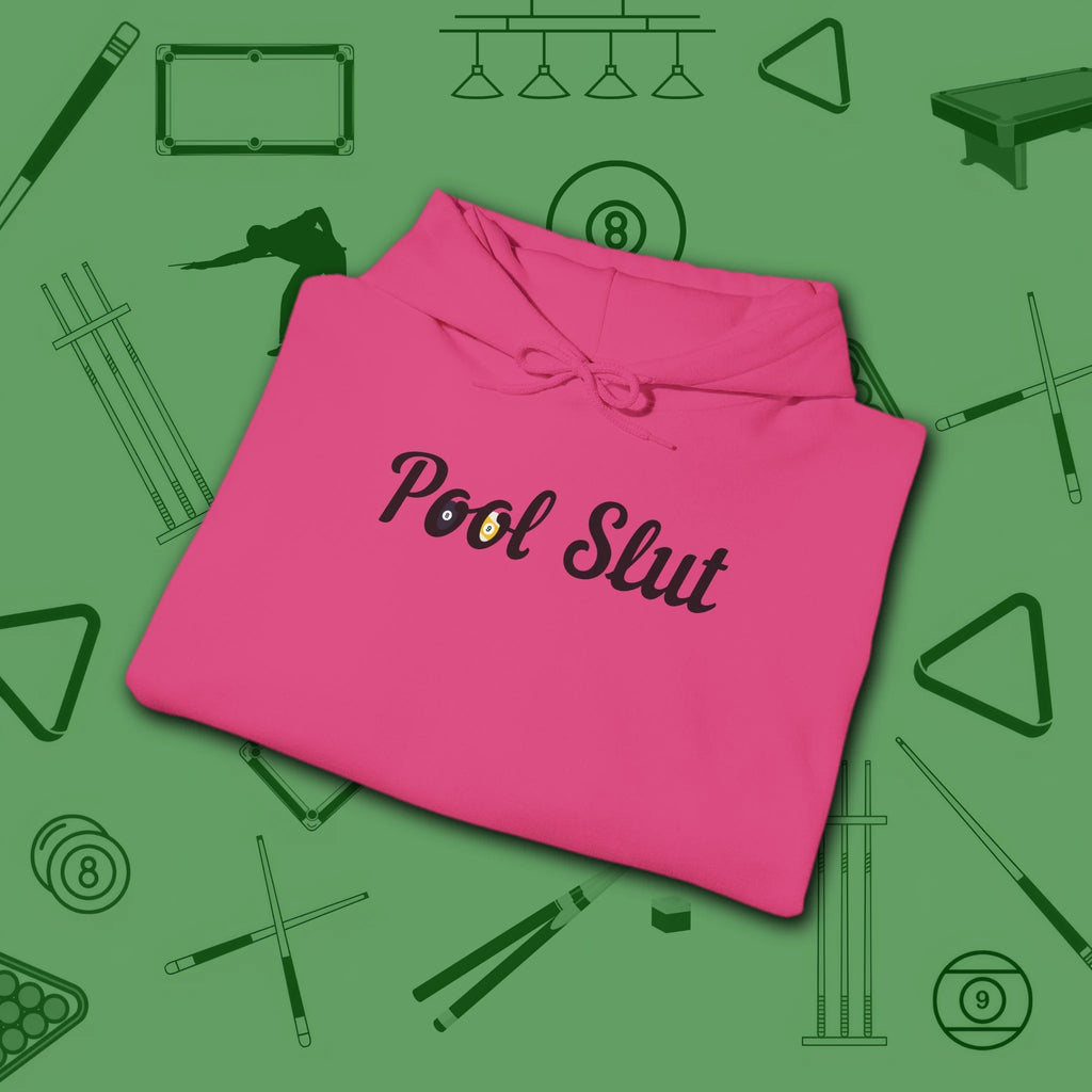 Pool Slut Hoodie, in Heliconia color, billiards hoodie, folded view