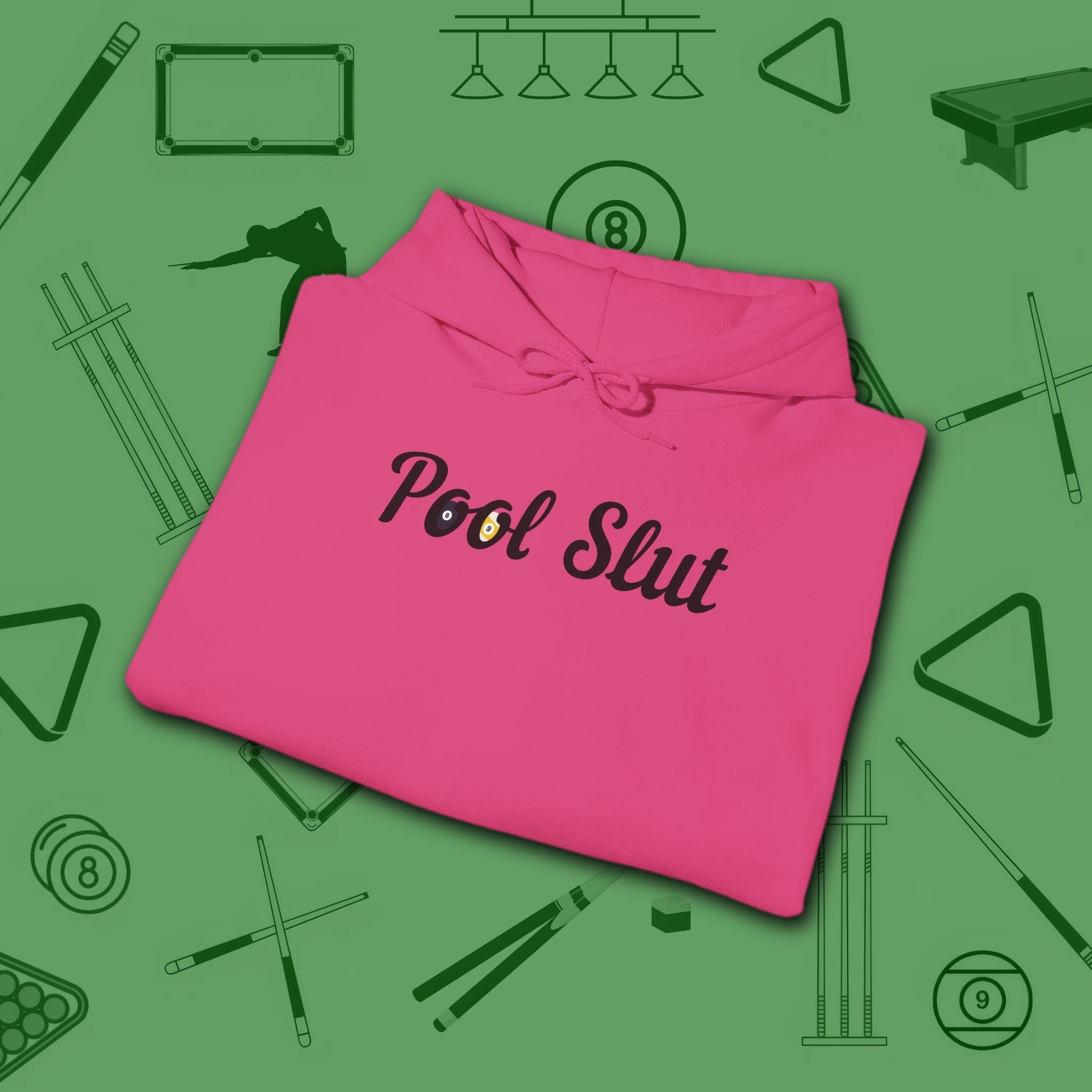 Pool Slut Hoodie, in Heliconia color, billiards hoodie, folded view