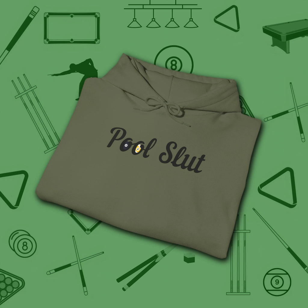 Pool Slut Hoodie, in Military Green color, billiards hoodie, folded view