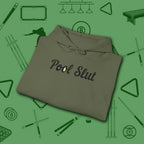 Pool Slut Hoodie, in Military Green color, billiards hoodie, folded view