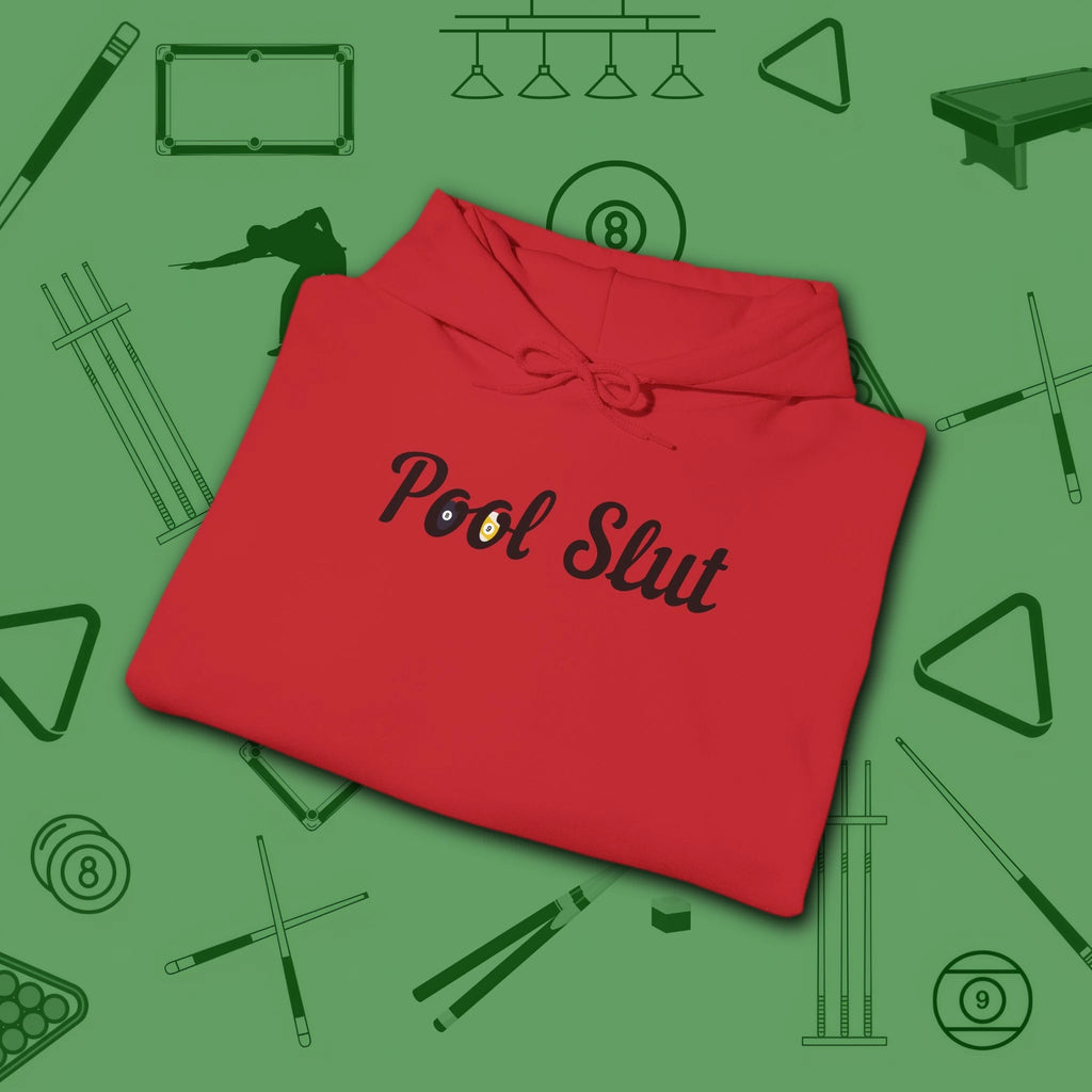 Pool Slut Hoodie, in Red color, billiards hoodie, folded view