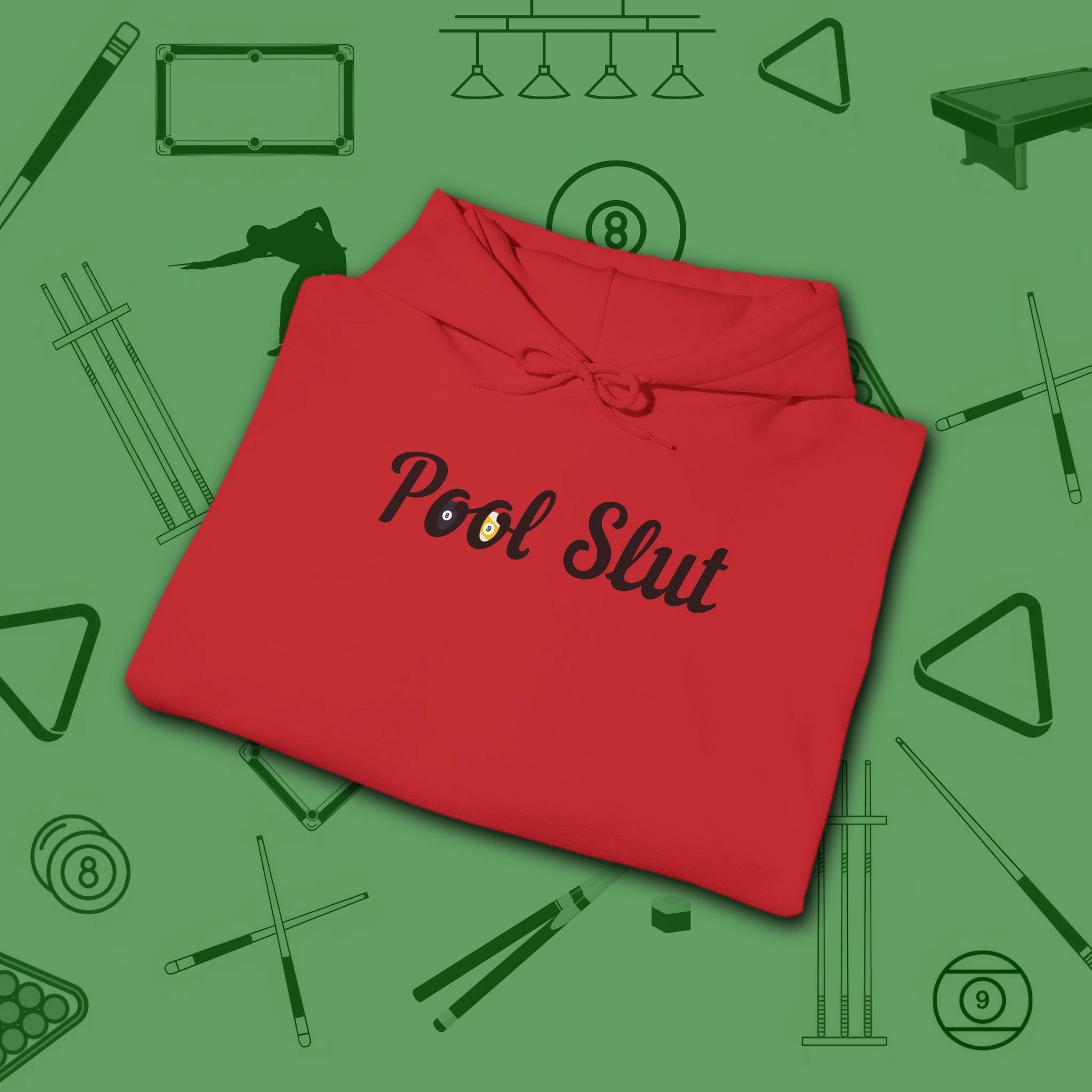Pool Slut Hoodie, in Red color, billiards hoodie, folded view