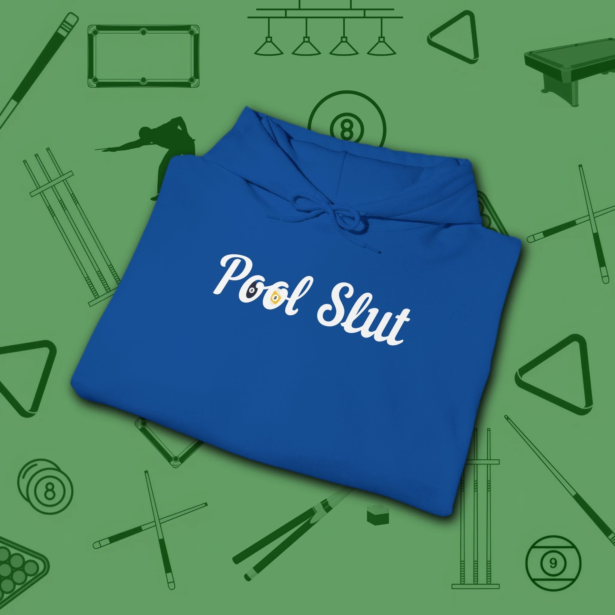Pool Slut Hoodie, in Royal color, billiards hoodie, folded view