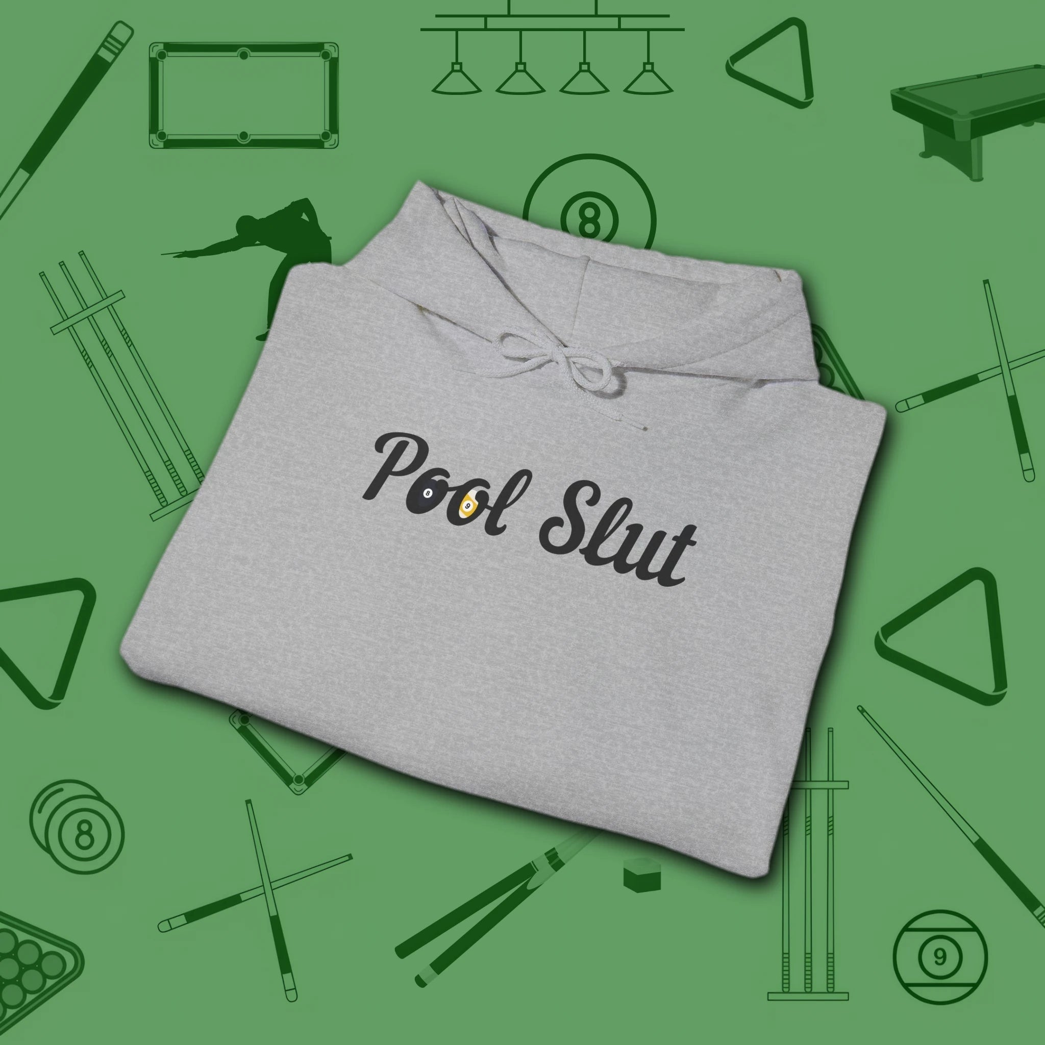 Pool Slut Hoodie, in Sport Grey color, billiards hoodie, folded view