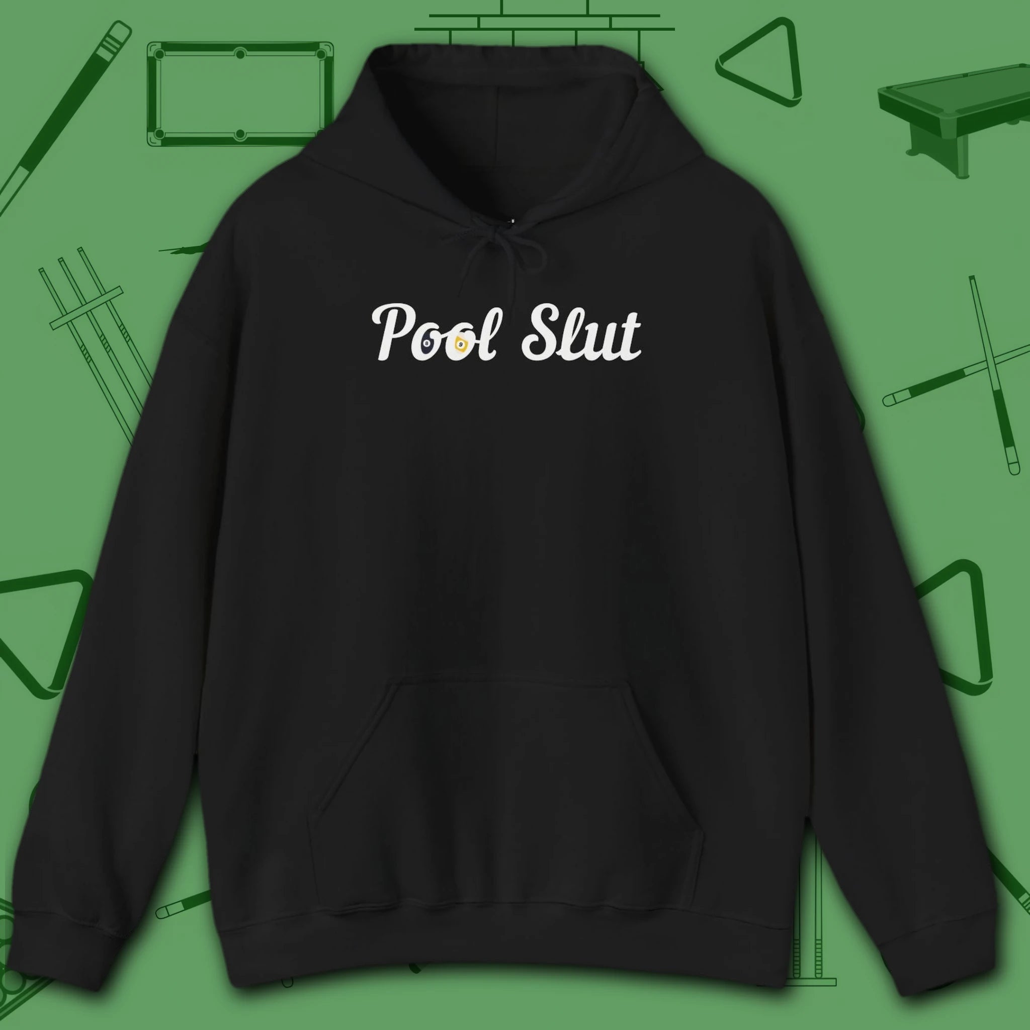 Pool Slut Hoodie, in Black color, billiards hoodie, front view