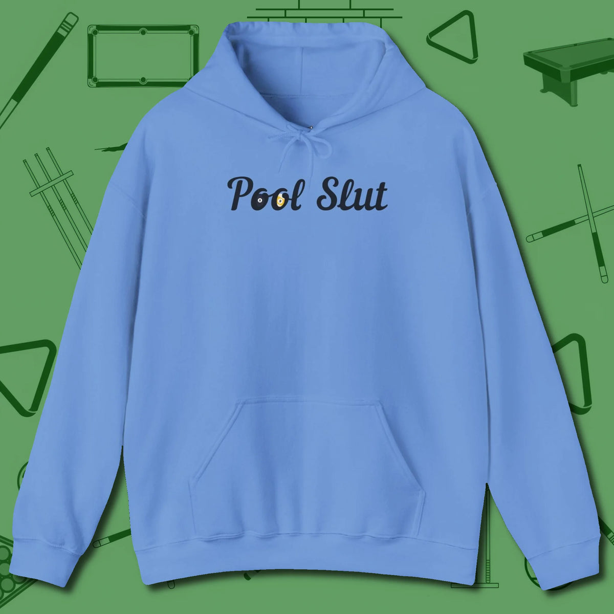 Slut Hoodie, front view, in Carolina Blue break, run out, turn heads — repeat