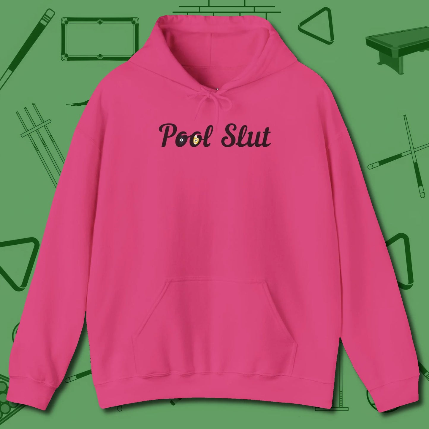 Slut Hoodie, front view, in Heliconia an extension of your pool persona
