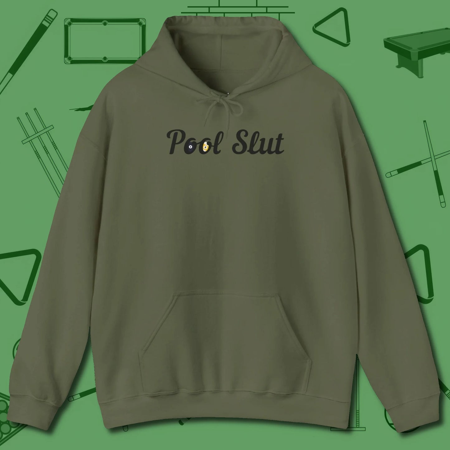 Slut Hoodie, front view, in Military Green classic cue style, no gimmicks