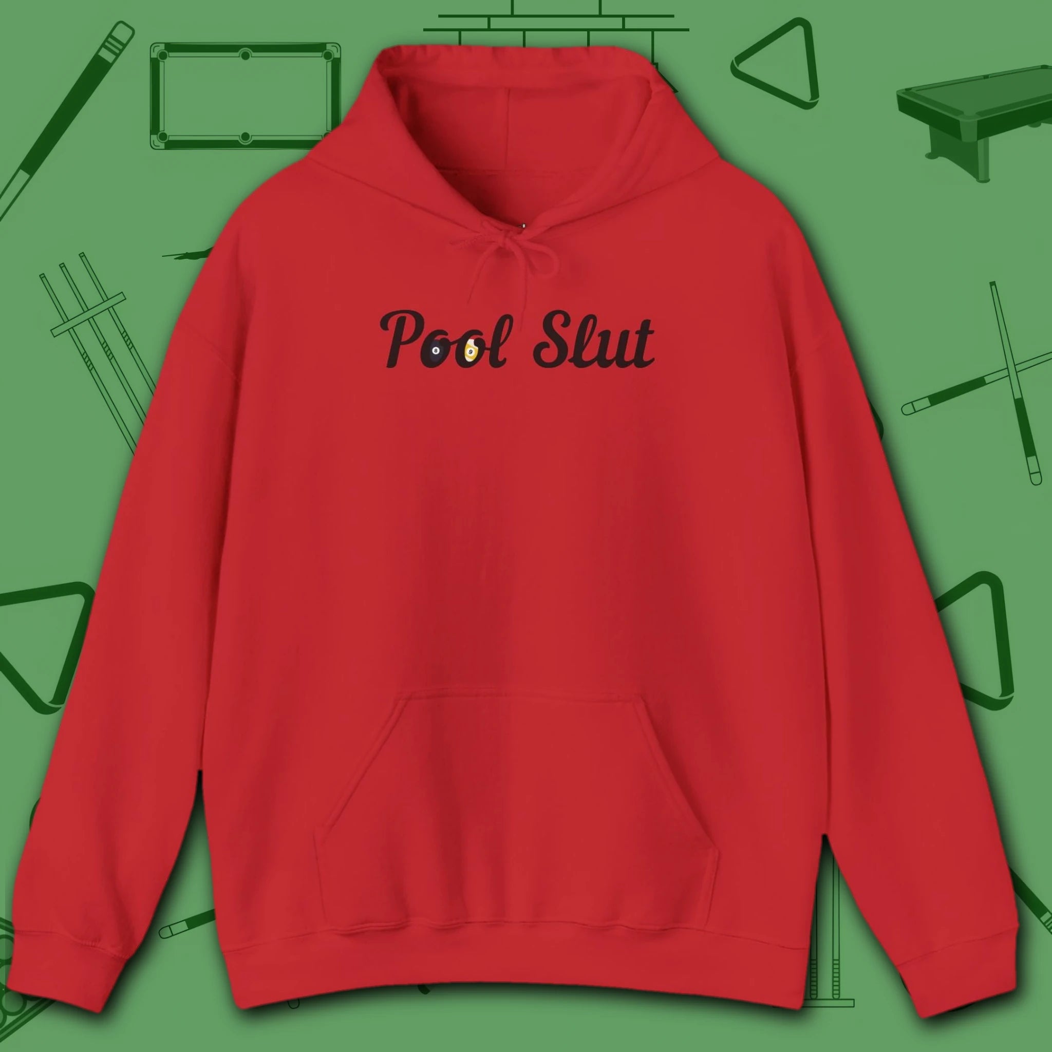 Pool Slut Hoodie, in Red color, billiards hoodie, front view