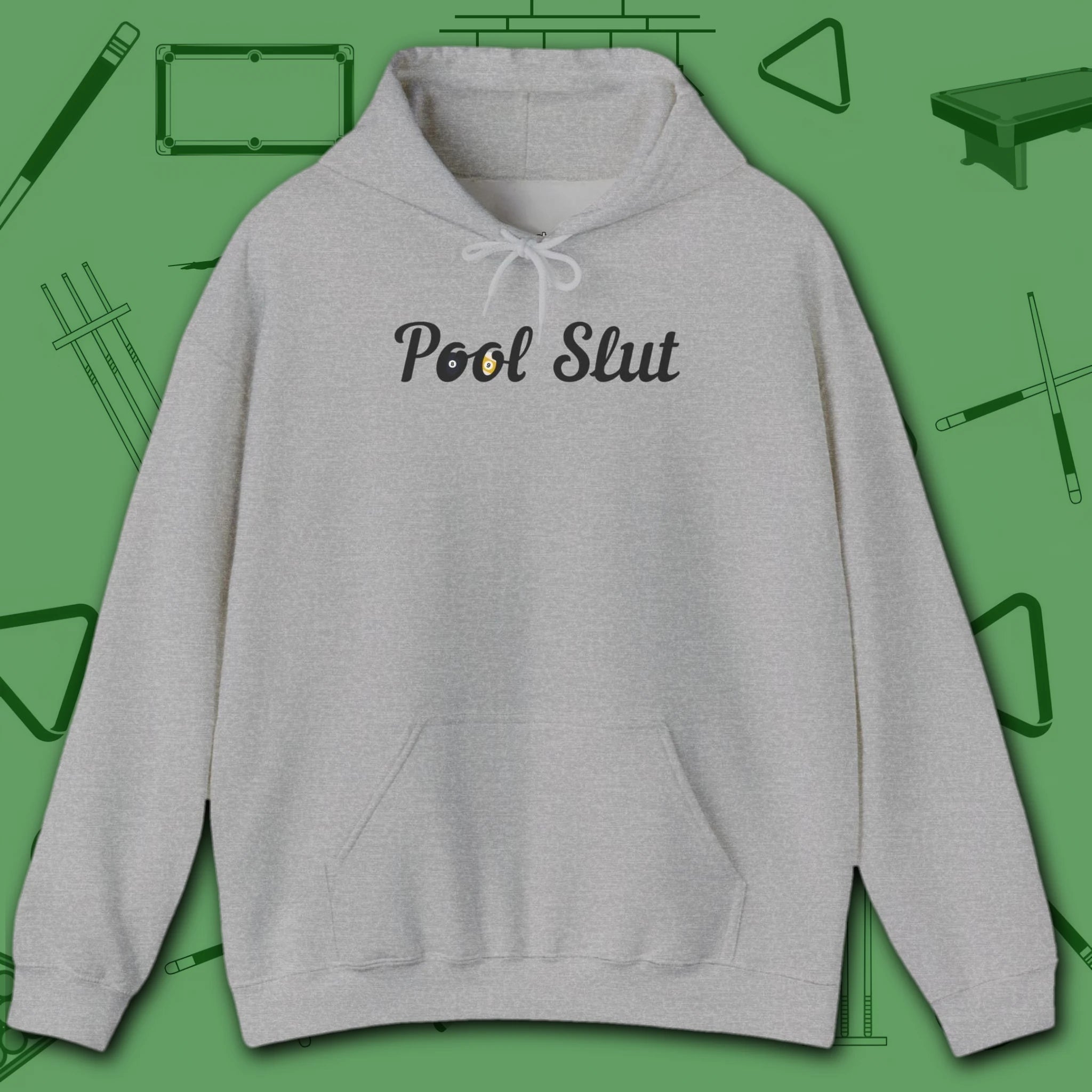 Pool Slut Hoodie, in Sport Grey color, billiards hoodie, front view