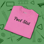 Pool Slut T-Shirt, in Azalea color, billiards shirt, folded view