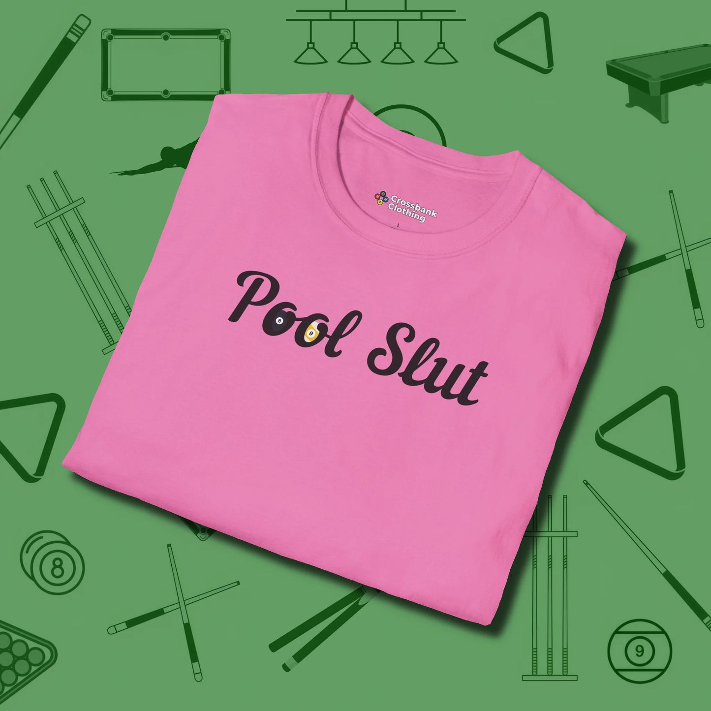 Slut T-Shirt, folded view, in Azalea stitched for cue discipline and cool confidence