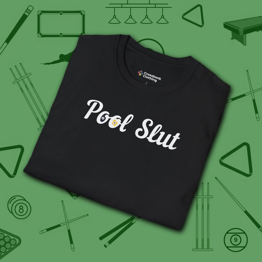 Pool Slut T-Shirt, in Black color, billiards shirt, folded view