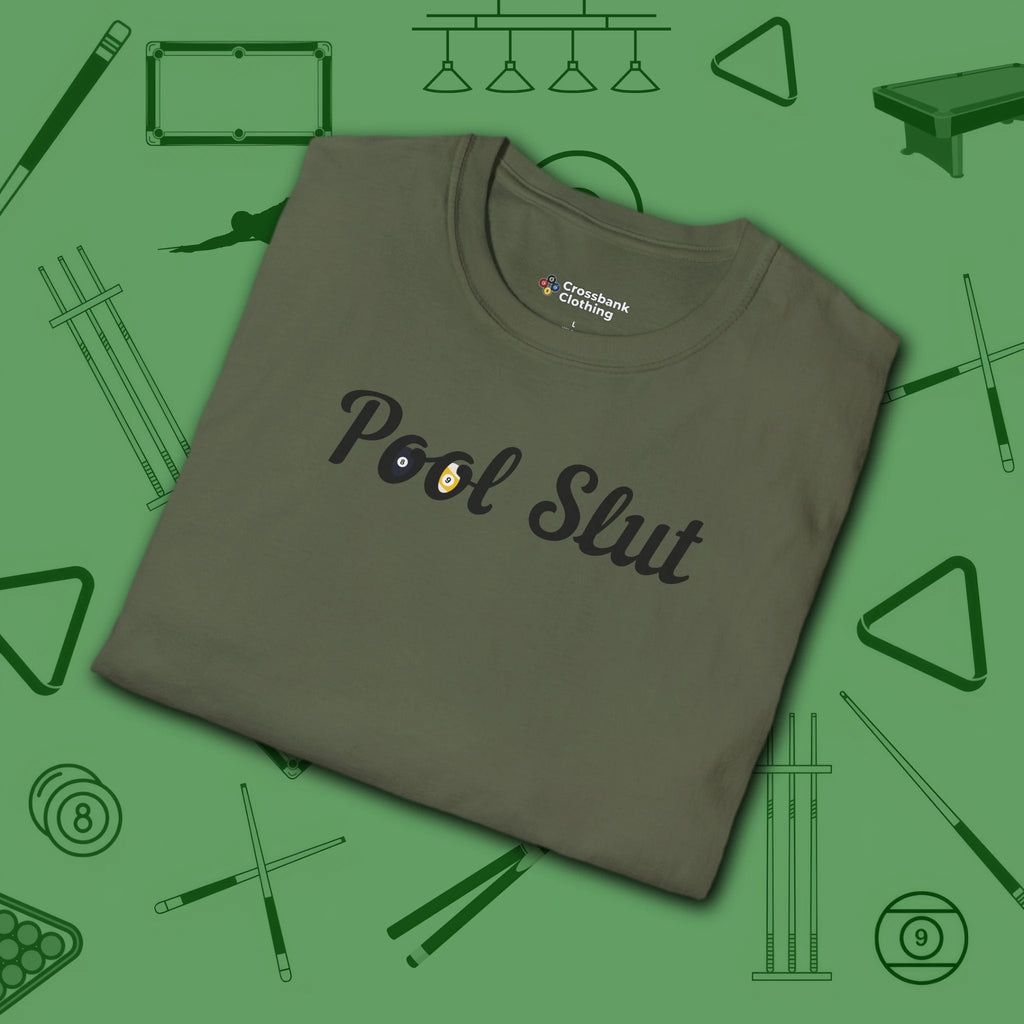 Pool Slut T-Shirt, in Military Green color, billiards shirt, folded view