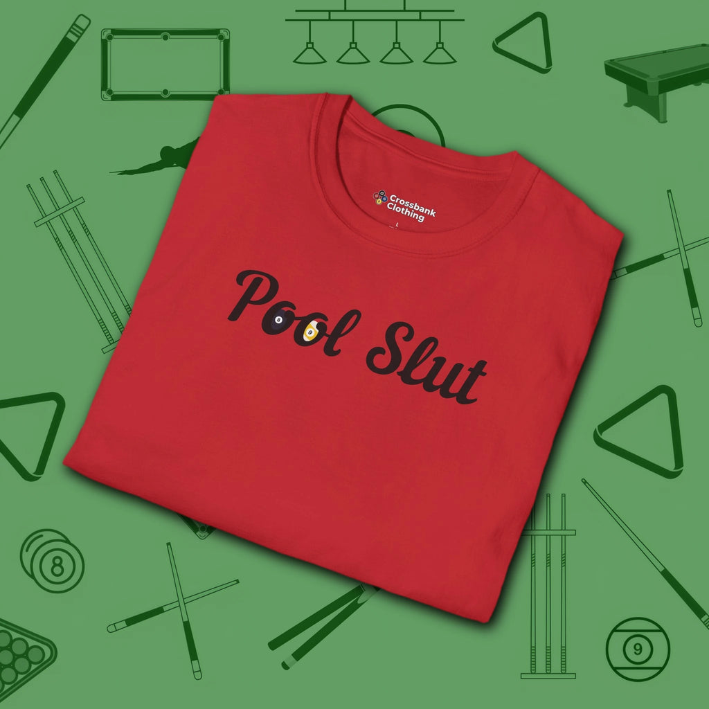 Pool Slut T-Shirt, in Red color, billiards shirt, folded view