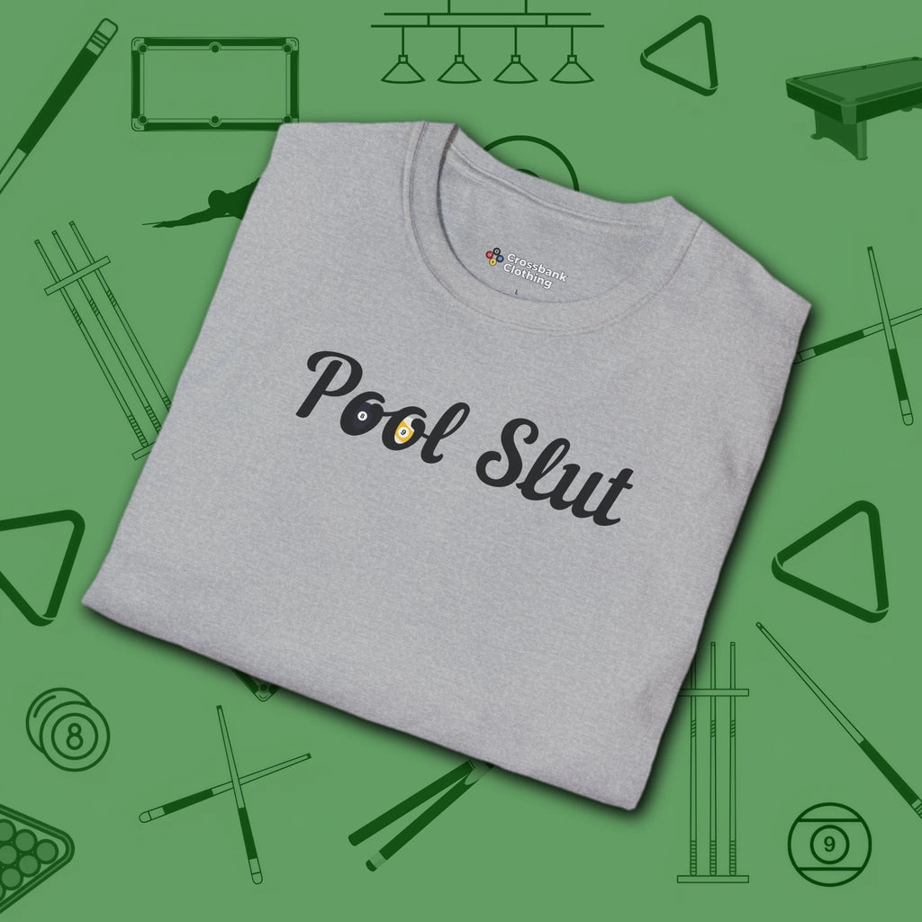 Pool Slut T-Shirt, in Sport Grey color, billiards shirt, folded view
