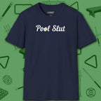 Pool Slut T-Shirt, in Navy color, billiards shirt, front view