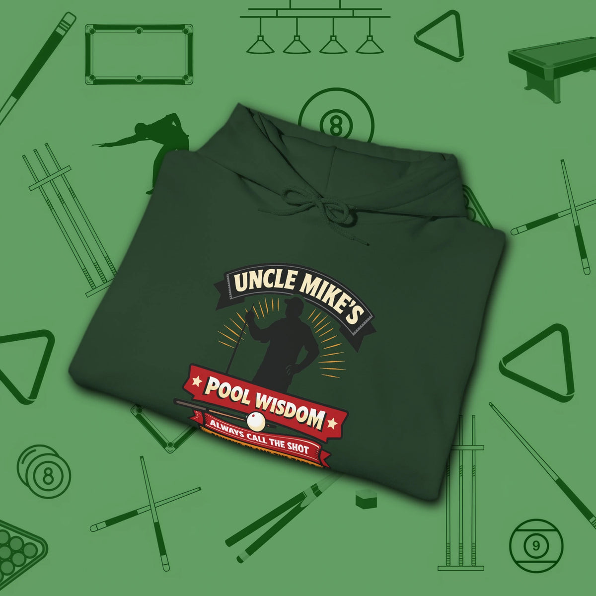 Pool Wisdom Hoodie, in Forest Green color, billiards hoodie, folded view