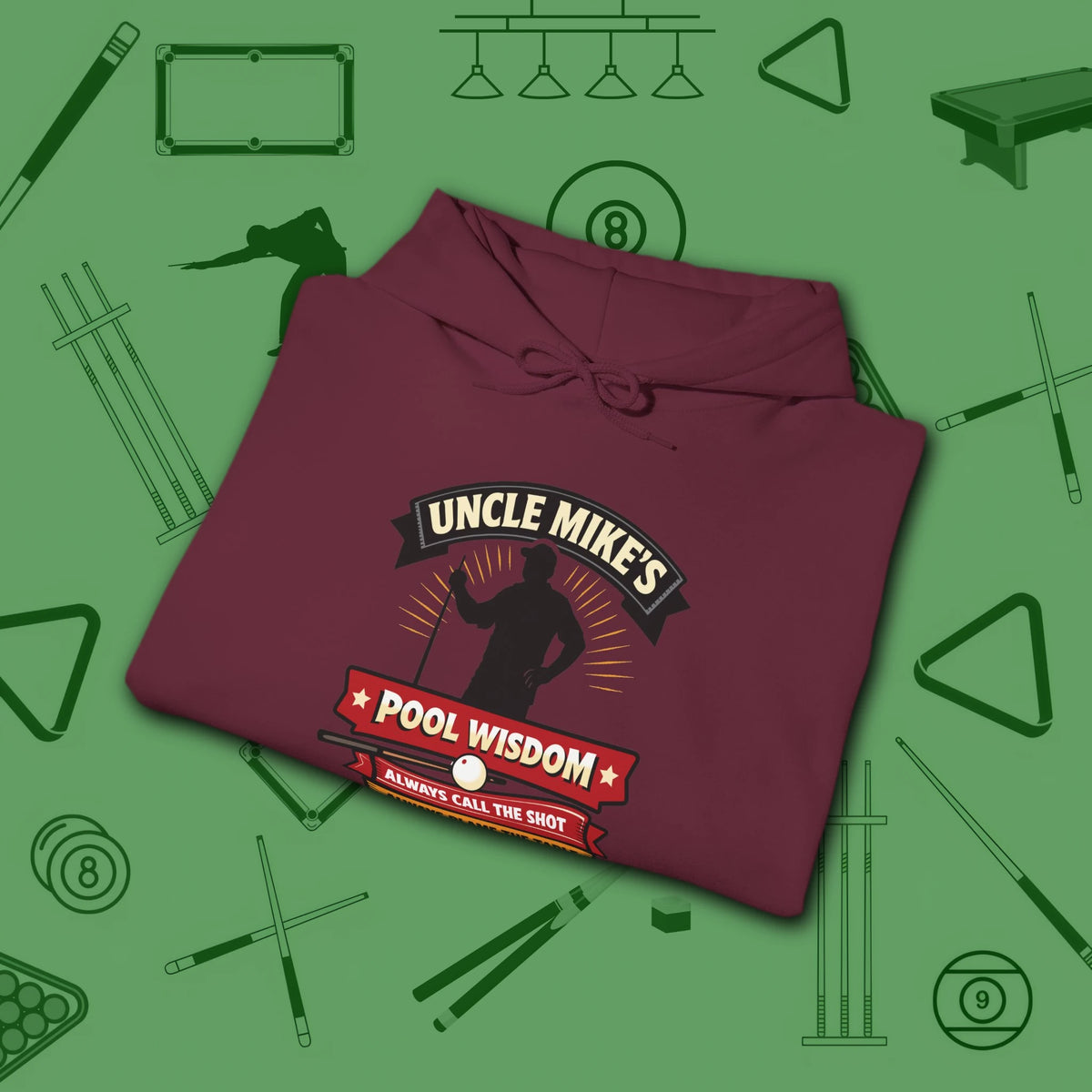 Pool Wisdom Hoodie, in Maroon color, billiards hoodie, folded view
