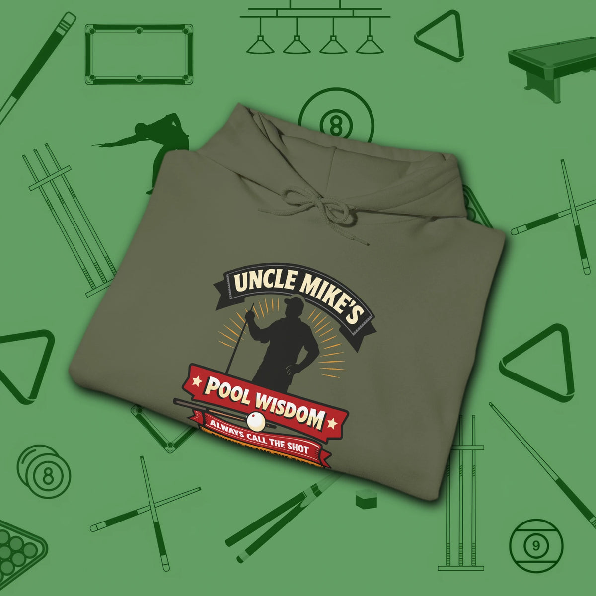 Pool Wisdom Hoodie, in Military Green color, billiards hoodie, folded view