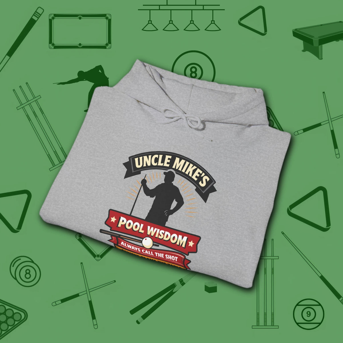 Pool Wisdom Hoodie, in Sport Grey color, billiards hoodie, folded view
