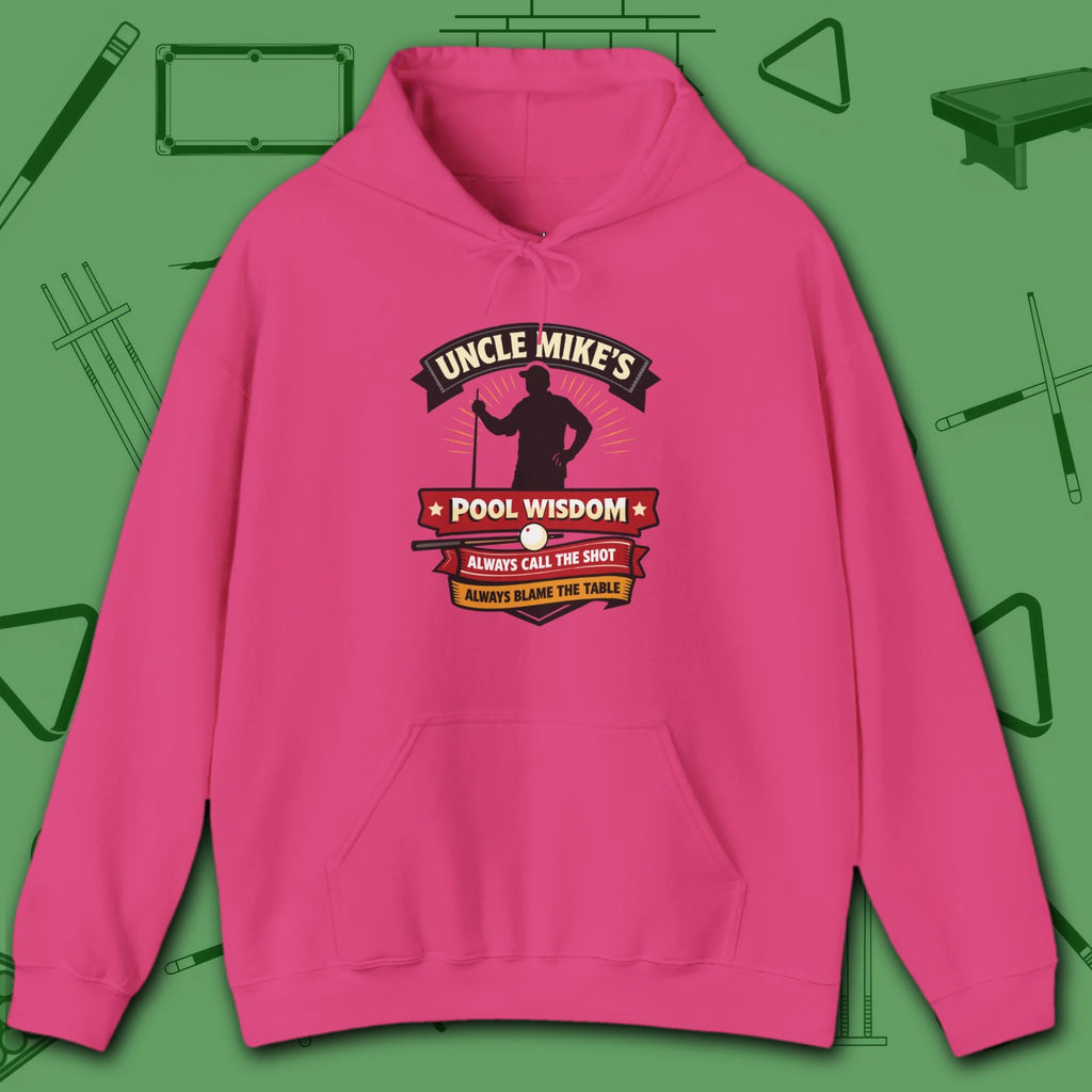Pool Wisdom Hoodie, in Heliconia color, billiards hoodie, front view