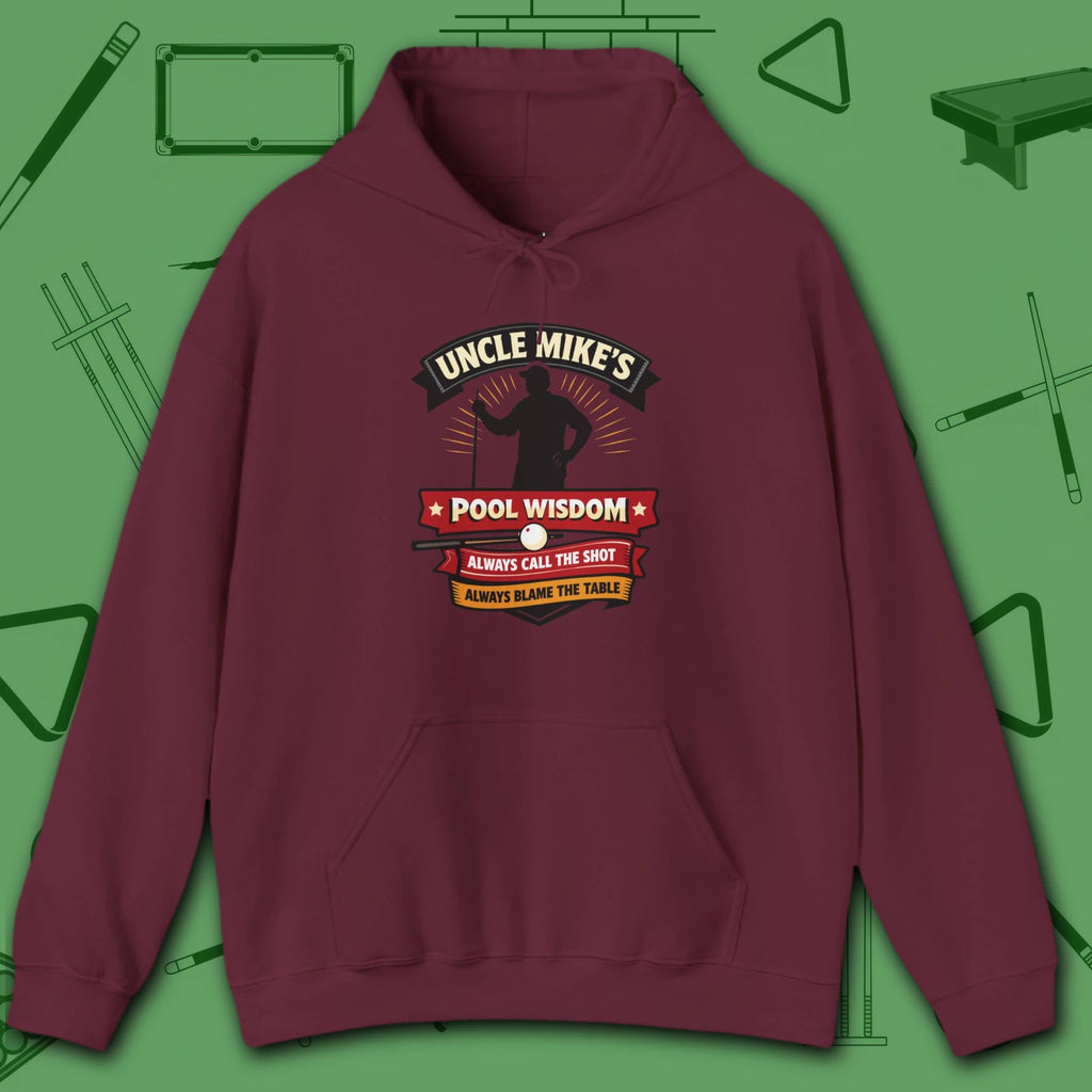 Pool Wisdom Hoodie, in Maroon color, billiards hoodie, front view