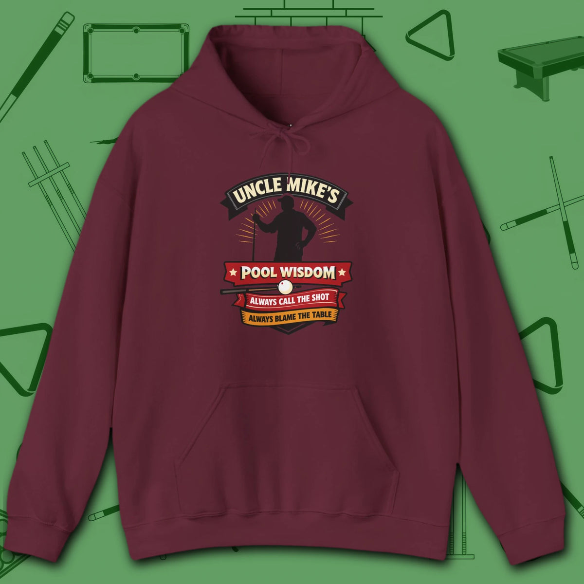 Pool Wisdom Hoodie, in Maroon color, billiards hoodie, front view