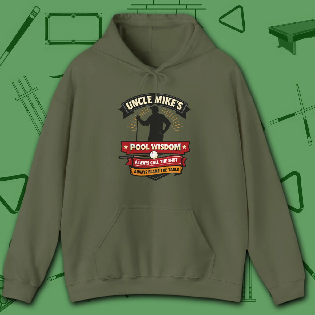 Pool Wisdom Hoodie, in Military Green color, billiards hoodie, front view