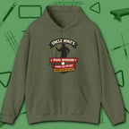 Pool Wisdom Hoodie, in Military Green color, billiards hoodie, front view