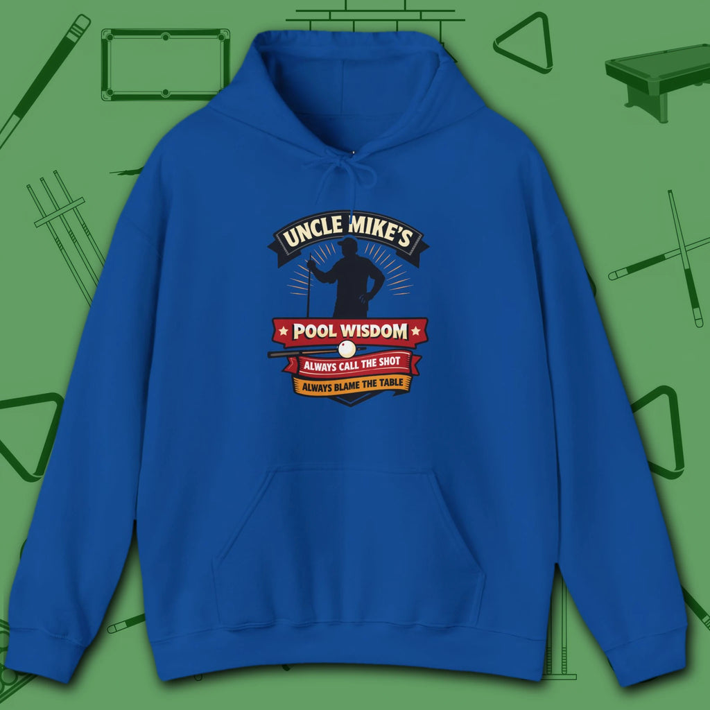 Pool Wisdom Hoodie, in Royal color, billiards hoodie, front view