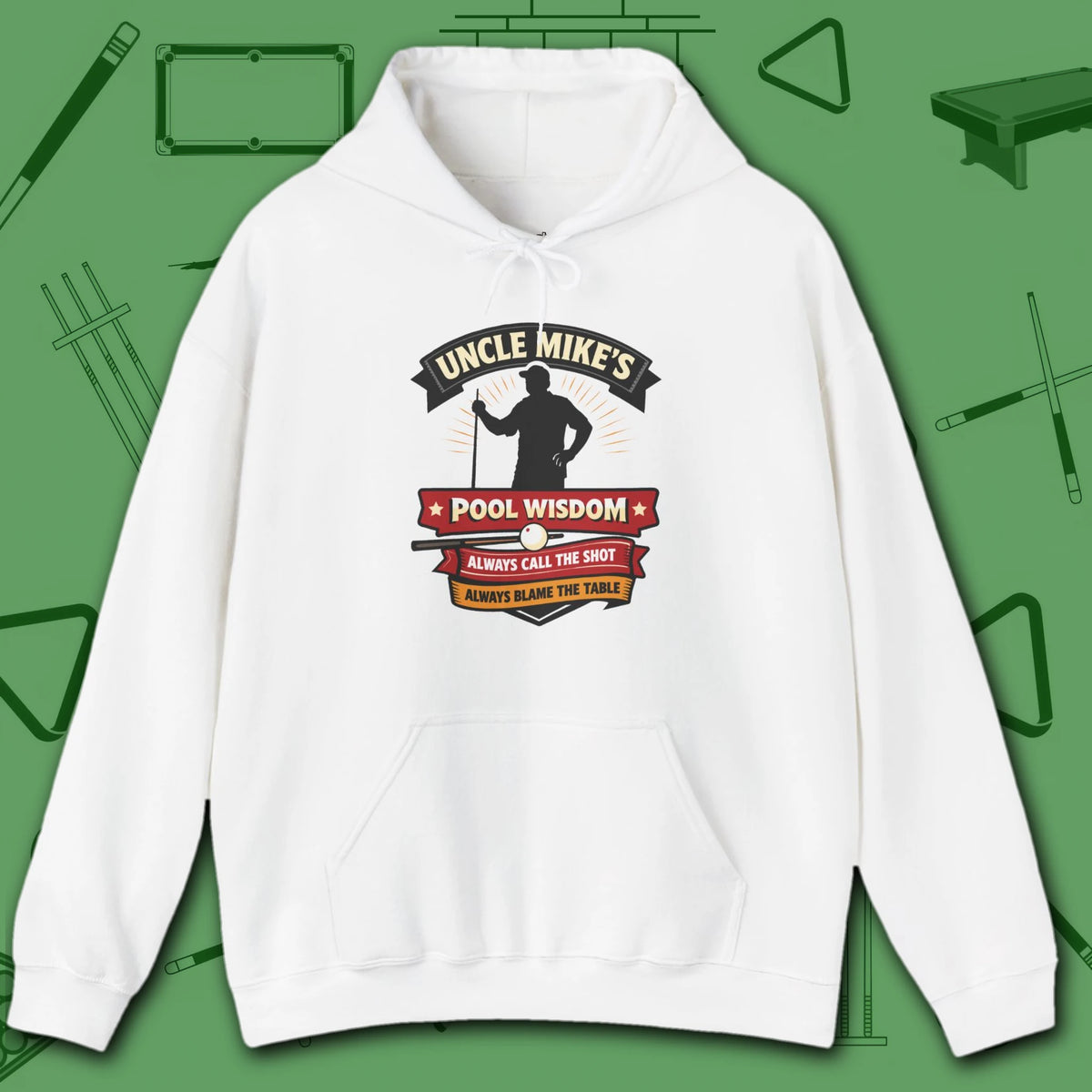 Pool Wisdom Hoodie, in White color, billiards hoodie, front view