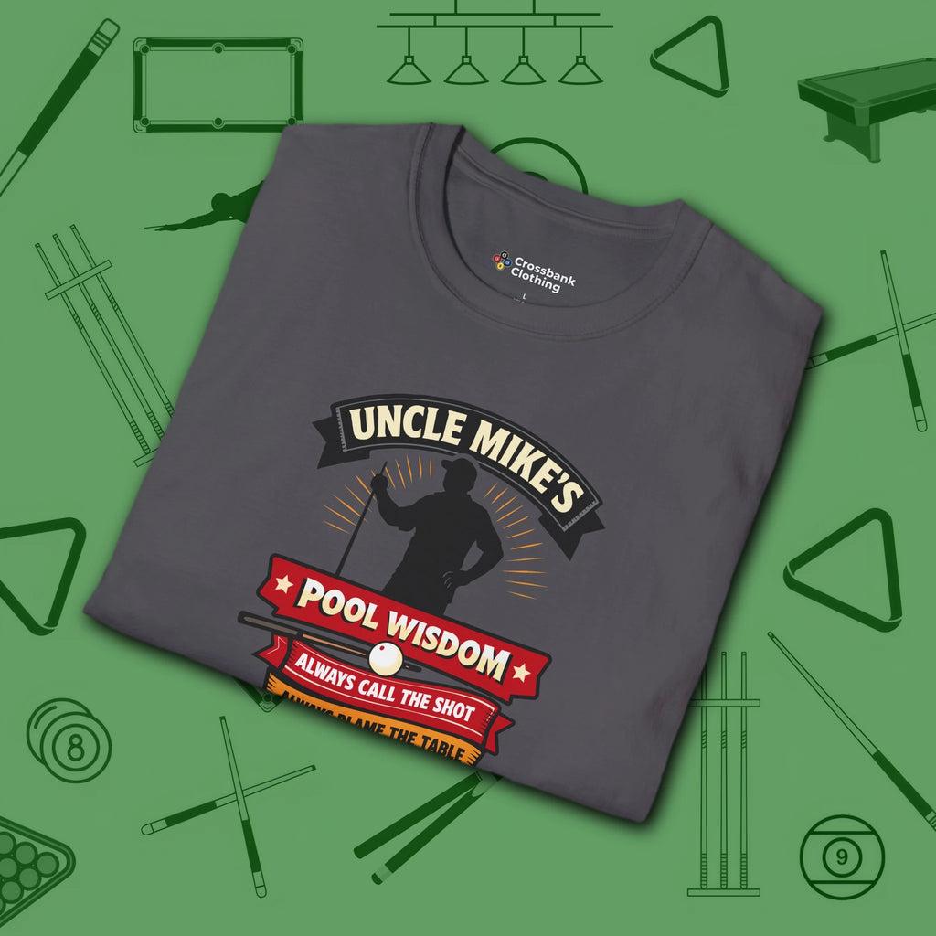 Pool Wisdom T-Shirt, in Charcoal color, billiards shirt, folded view