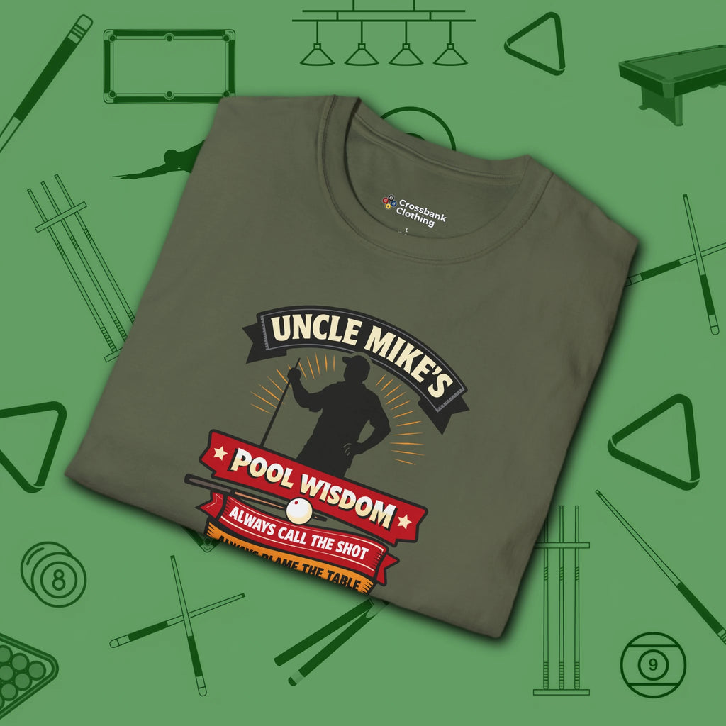Pool Wisdom T-Shirt, in Military Green color, billiards shirt, folded view