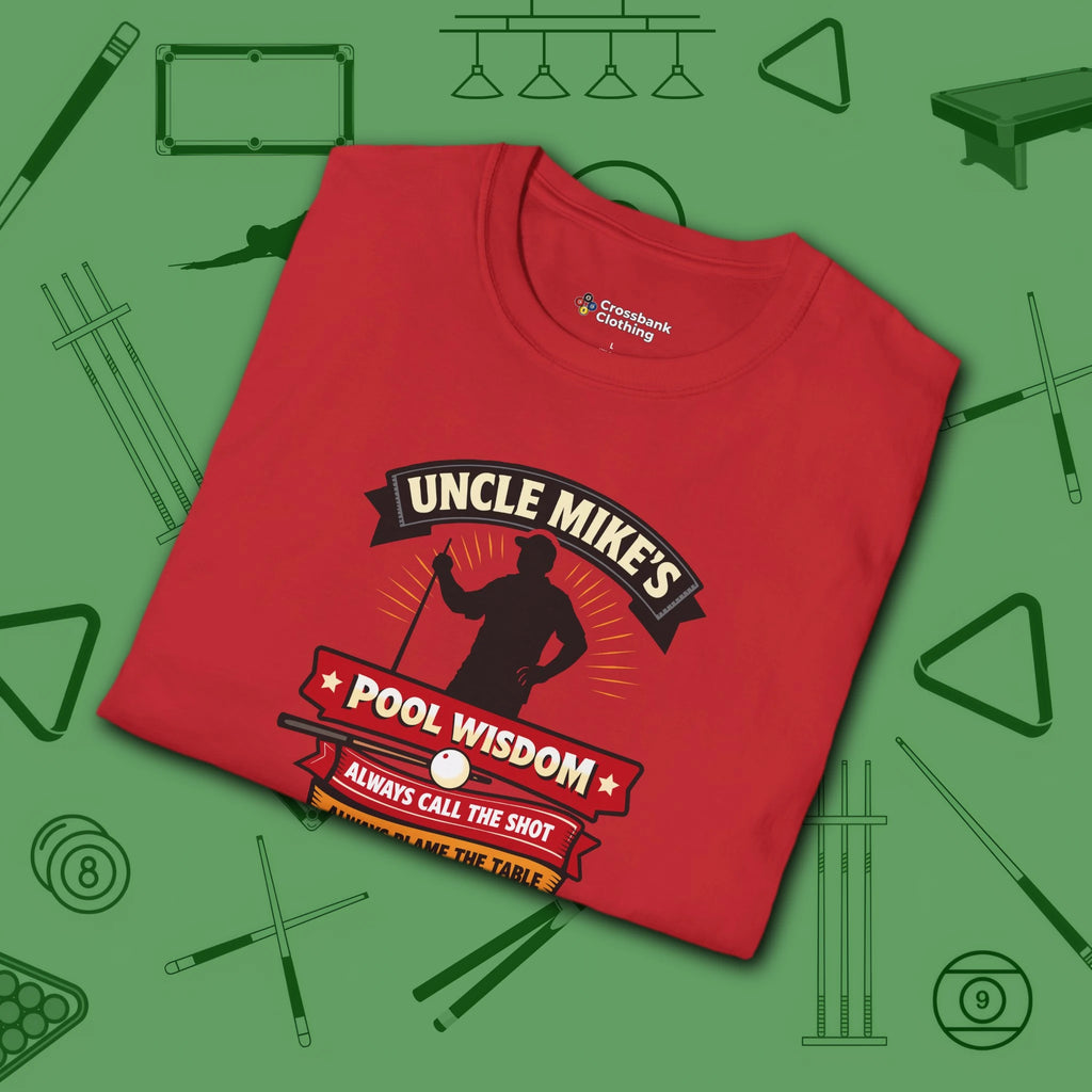 Pool Wisdom T-Shirt, in Red color, billiards shirt, folded view