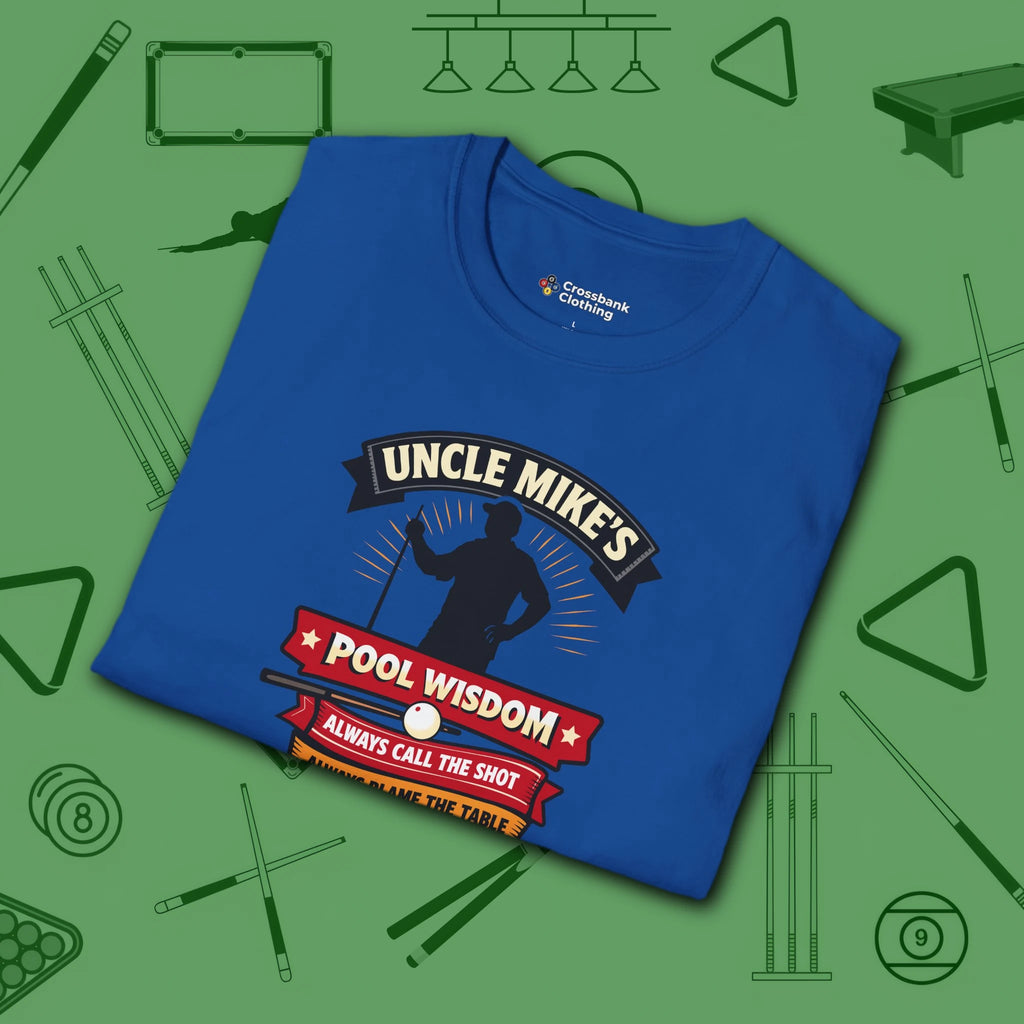 Pool Wisdom T-Shirt, in Royal color, billiards shirt, folded view